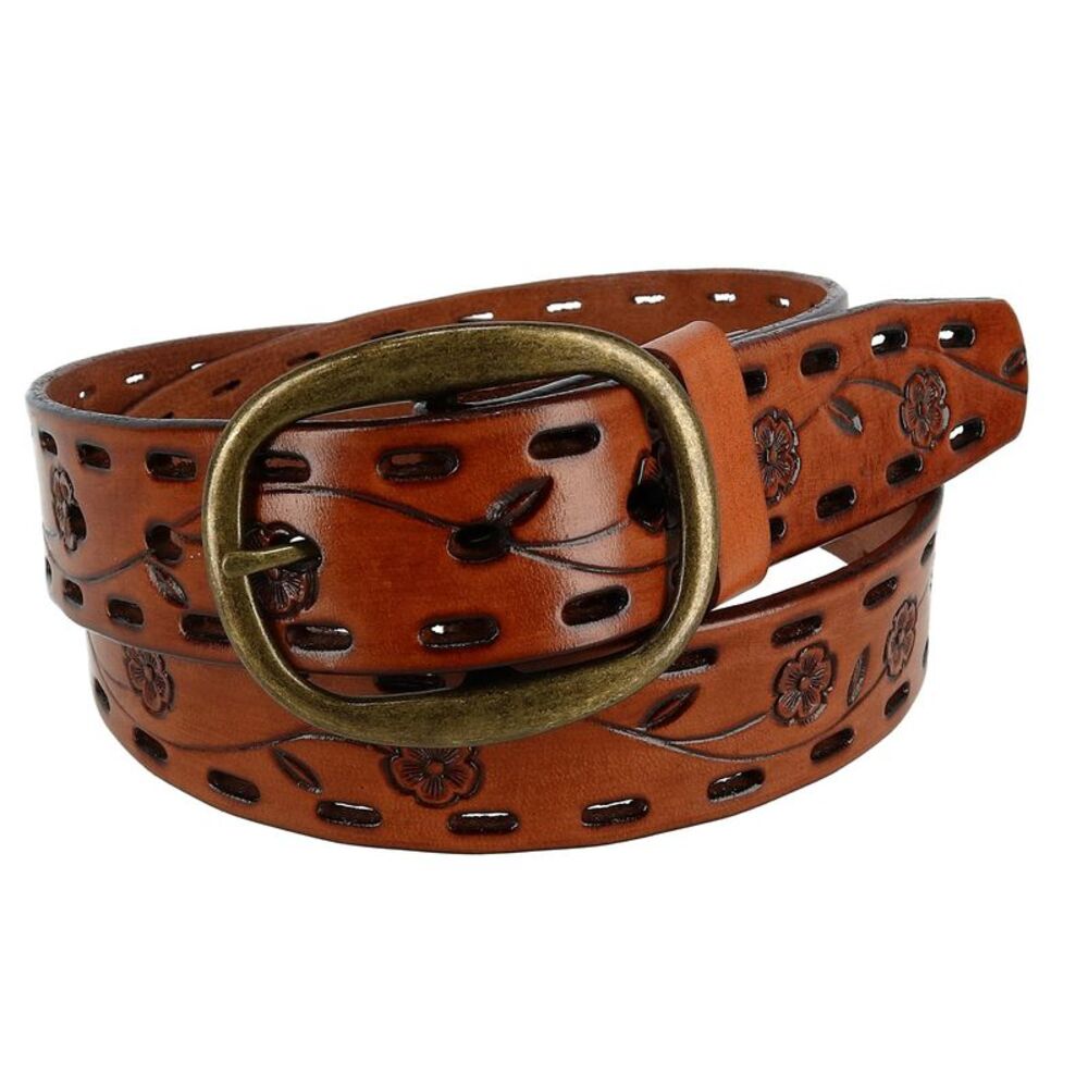 CTM Women's Center Bar Buckle Belt with Flowers